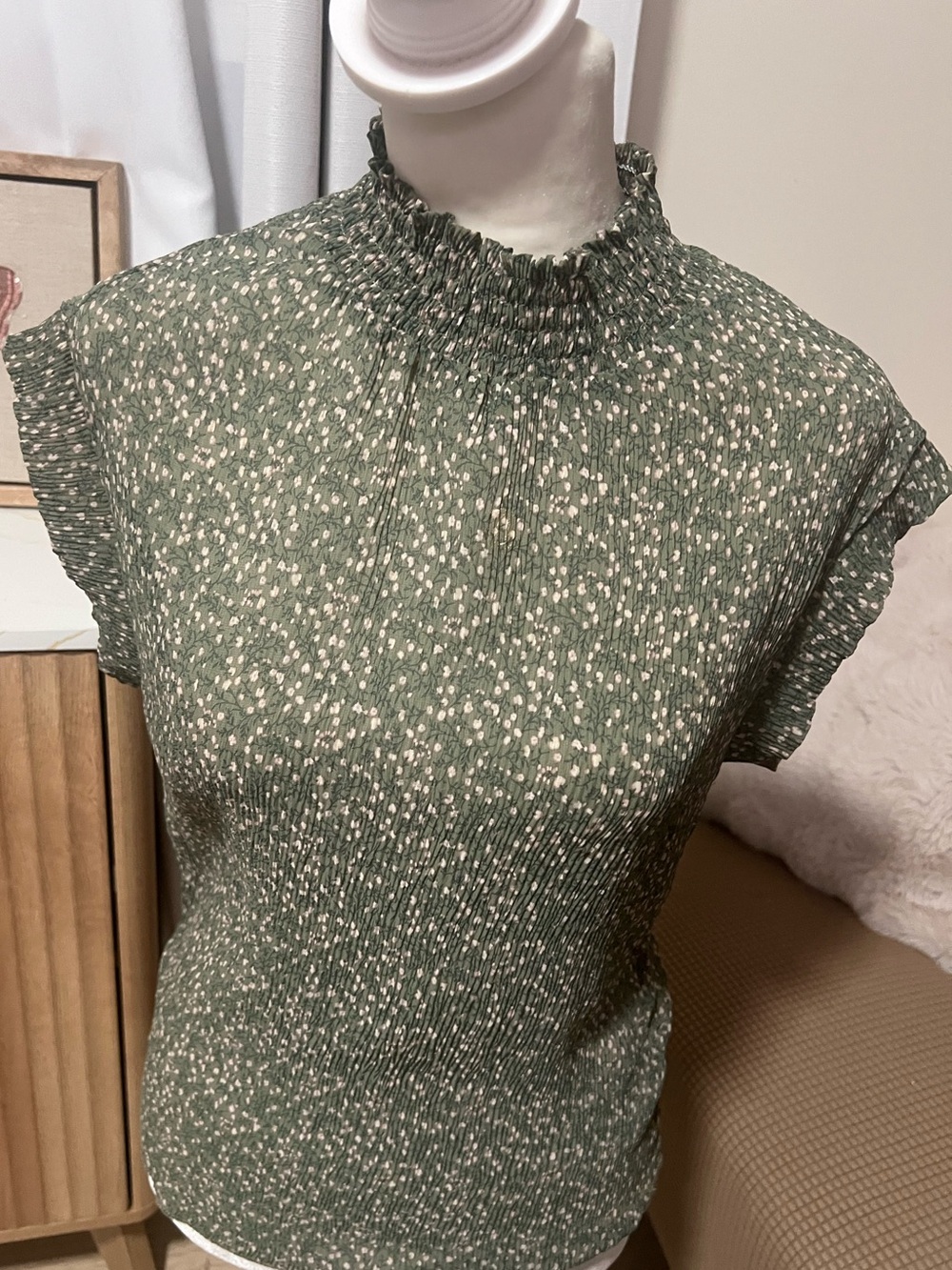 Monteau Green Smocked High-Neck Floral Blouse